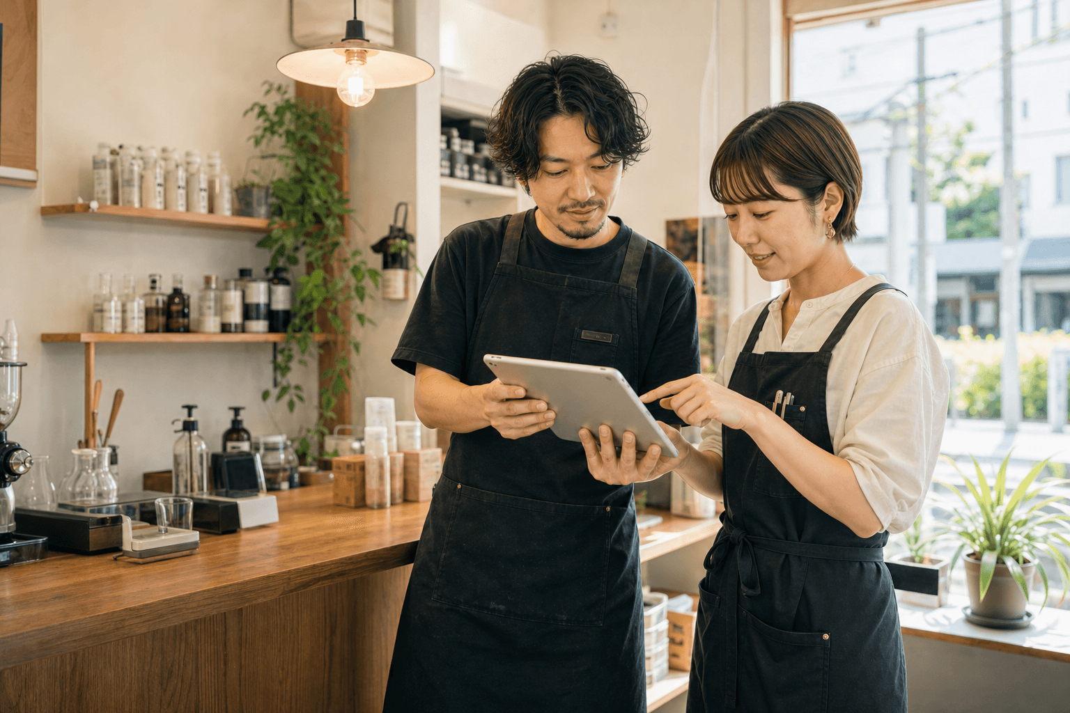 店舗でタブレットを見ながら業務を確認するオーナーとスタッフ