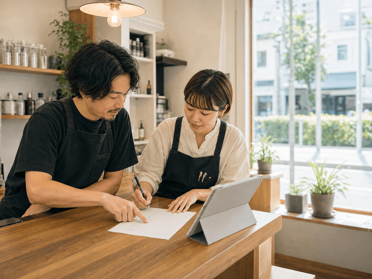店舗の業務チェックリストを確認するオーナーとスタッフ
